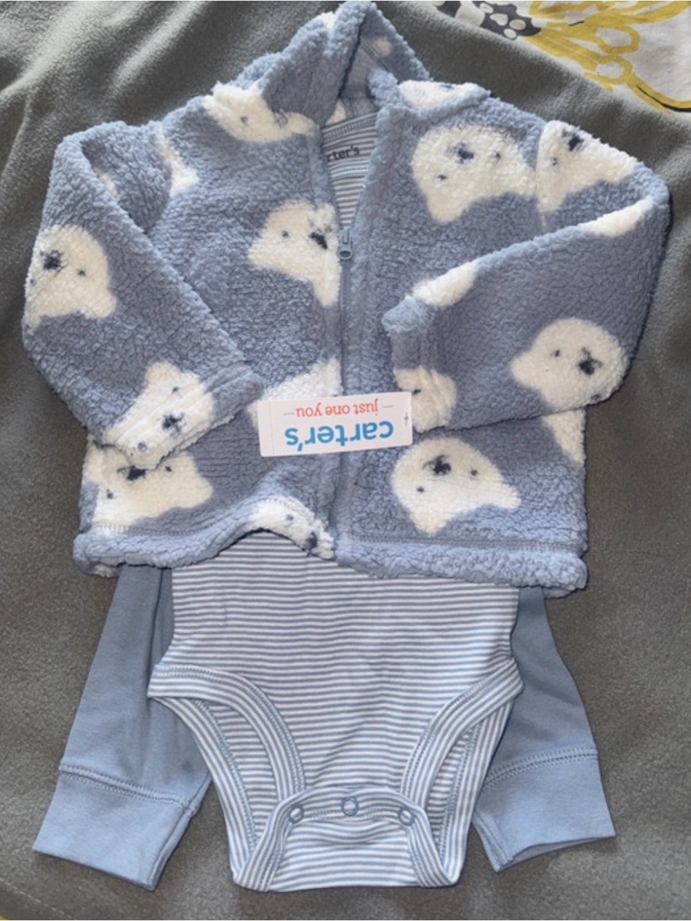 Carter's Light Blue Sherpa Bear Jacket with Blue Striped Bodysuit